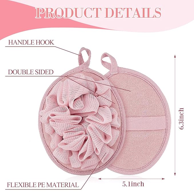 Boao 3 Pcs Bath Shower Pouf Sponge Mesh Pouf Shower Ball Exfoliating Body Sponge Pad Scrubber Glove with Flower Bath Ball (Khaki,Dark Brown,Dark Pink)