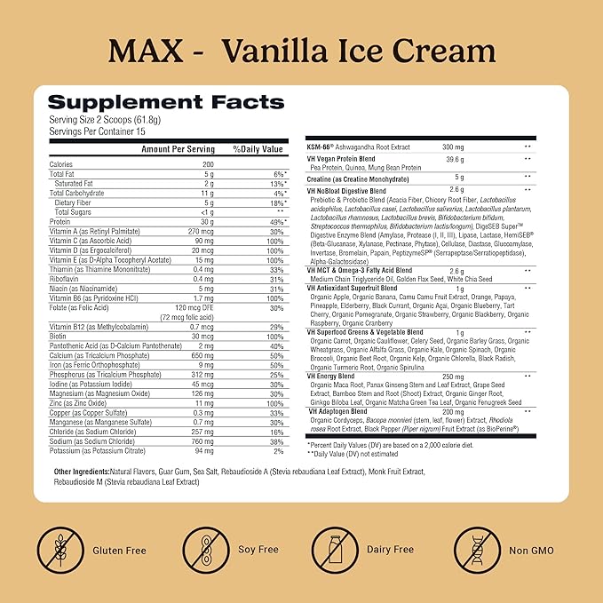 VitaHustle ONE Max Protein Powder, 30g Plant Protein + 5g Creatine, All-in-One Meal Replacement Shake with Greens, Adaptogens, Ashwagandha, Probiotics & Vitamins – Vanilla Ice Cream, 15 Servings