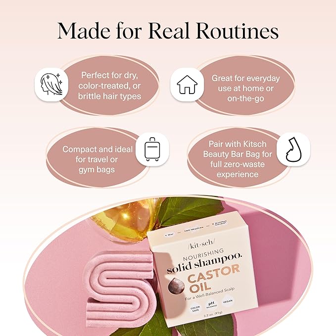 Kitsch Castor Oil Shampoo Bar Soap - Hydrating & Moisturizing Hair Care - Organic Castor Oil Solid Shampoo for Hair Growth & Scalp Nourishment - Silicone & Paraben-Free, Vegan, Made in USA - 3.2oz