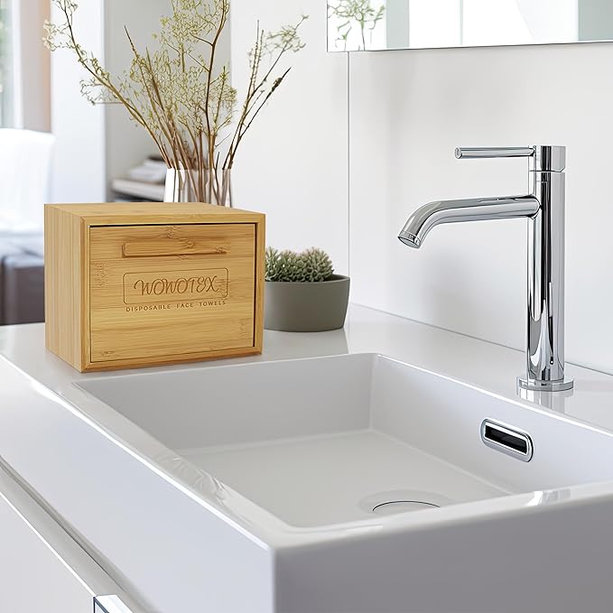 Luxe Bamboo Towel Container (Bamboo Box Towel Holder) with Disposable Face Towels Biodegradable Large Dry Wipes 100 Count Extra Thick Soft Clean Facial Towels for Facial Cleansing