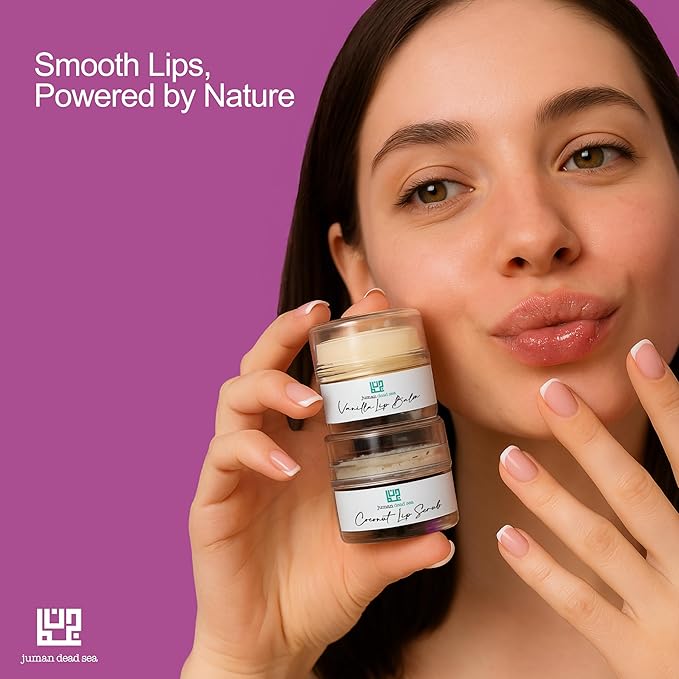 Juman Dead Sea Minerals Lip Scrub & Balm Set | Lip Exfoliator Scrub & Moisturizing Lip Balm | Vanilla & Coconut | Hydrates & Protects | With Essential Oils | Vegan | SLS & Paraben-Free