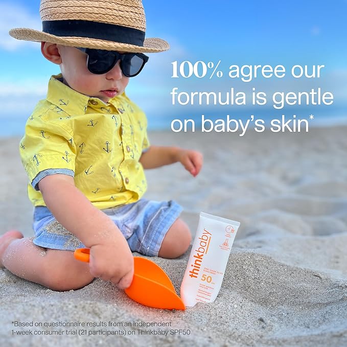 Thinkbaby SPF 50+ Baby Mineral Sunscreen – Safe, Natural Sunblock for Babies - Water Resistant Sun Cream – Broad Spectrum UVA/UVB Sun Protection – Vegan Baby Sunscreen Lotion, 3 Oz.