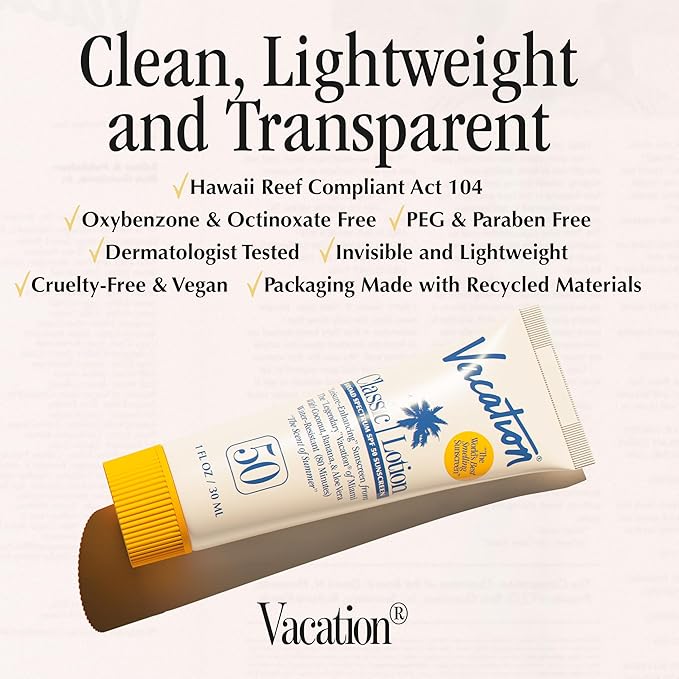 Vacation Mini Classic Lotion SPF 50, Water-Resistant, Mini Sunscreen Bulk Party Favor, Beach Must Haves, Traveling Essentials, Suntan Lotion Travel Size, 1 Fl. Oz. (Value Pack of 12)