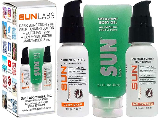 Sun Labs Self-Tanning Kit with Lotion, Exfoliant, and Tan Maintainer for a Golden Glow - 2 2 fl. oz. Bottles Lotion and 1 2.7 fl. oz. Bottle Exfoliant