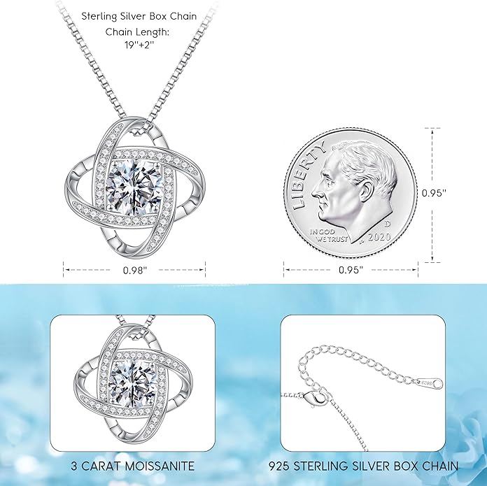 MOOSEA Christmas Gifts for Women Wife - 925 Sterling Silver Love Knot Moissanite Necklace 1-3ct D Color VVS1 Clarity Lab Created Moissanite, Anniversary Birthday Gifts for Women Wife Mom Girlfriend