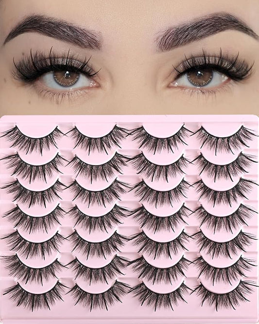FARRED Wispy Lashes Hybrid Mink Eyelashes 14 Pairs Short Cat Eye Natural Fluffy False Eyelashes Faux Mink Strip Eye Lashes Pack for Daily Makeup (F17 | 8-16 mm)