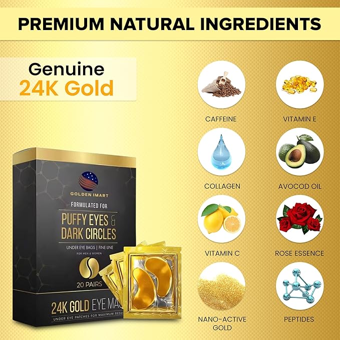 Under Eye Patches for Dark Circles - 24k Gold Eye Mask for Luxurious hydrating eye patches (20 Pairs) Gold Eye Patches for Puffy Eyes Brightening, Anti-Aging Wrinkles, for both genders