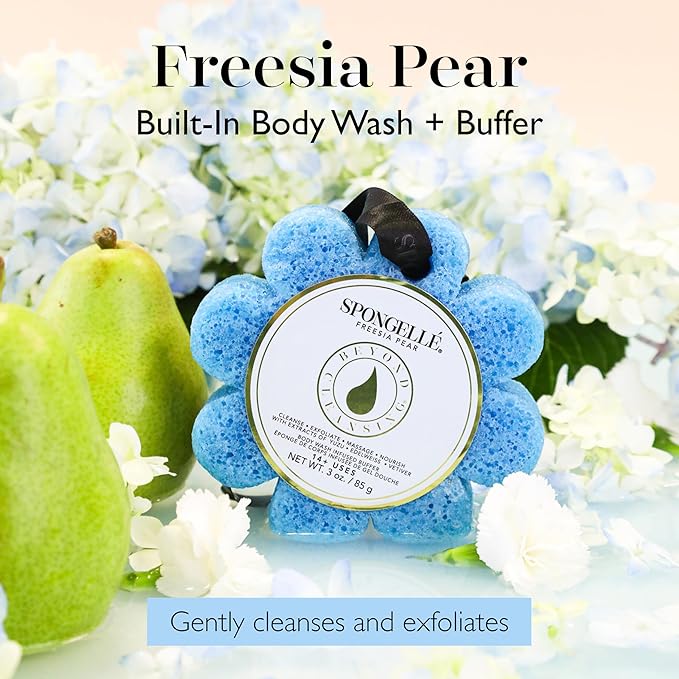 SPONGELLÉ Spongelle Freesia Pear Wild Flower Buffer Body Scrubber | Bath & Shower Loofah for Women | Exfoliator with Body Wash Infused Sponge | 14+ uses