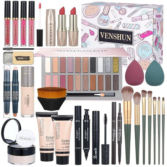 Makeup Kit Full Kit for Women Makeup Kit Full Kit for Teenagers Eyeshadow Palette Lip Gloss Foundation Mascara Eyeliner Cosmetic Brushes Cosmetic Bag etc. (20Middle)