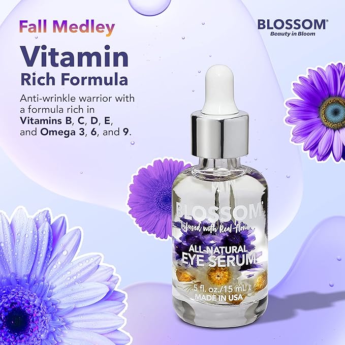 Blossom All Natural Organic Cruelty Free Moisturizing Eye Serum with Essential Oils, Infused with Real Flowers, Made in USA, 0.5 fl. oz., Fall Medley