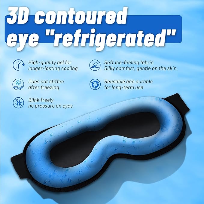 Cooling Gel 3D Sleep Eye Mask-Weighted Blackout Sleep Mask & Cold Compress for Dark Circles, Dry Eyes, and Puffiness - Comfortable, Eyelash-Friendly, Reusable for Relaxing Sleep -Blue