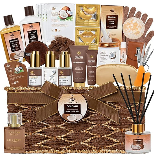 35 Pcs Coconut Vanilla Spa Gift Basket for Women & Men, Face Skin Care Set, Bath & Body Set, Self Care Pamper Kit, Diffuser, Bath Bomb, Birthday, Christmas, Valentines, Mother Day, Anniversary