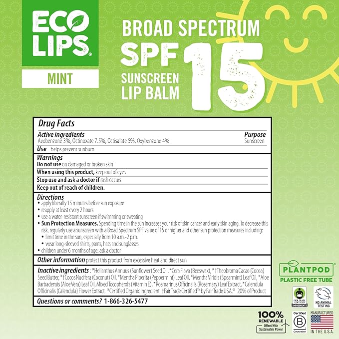Eco Lips Classic Mint Broad Spectrum Sunscreen Lip Balm 6-Pack - 100% Plastic-Free Plant Pod Packaging - Made in USA
