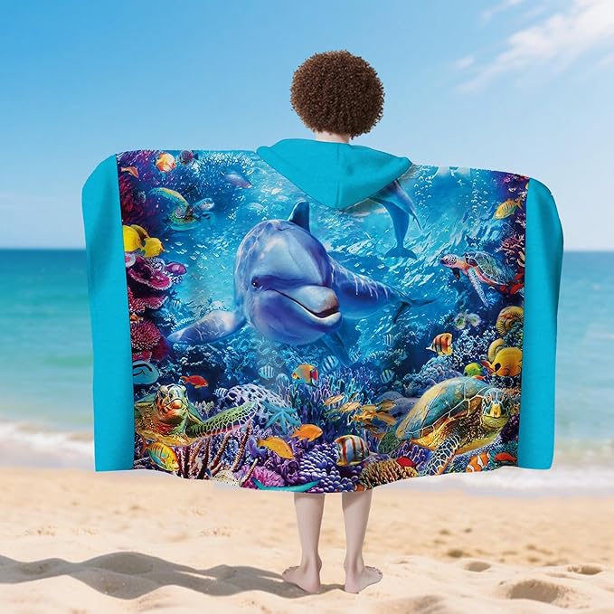 Dolphin Hooded Beach Towel for Boy, 35" x 60" Turtles & Coral Kids Poncho Bath Towel for Toddler, Bright Blue Soft Absorbent with Hood for 3-10 Years Bathrobe for Swimming Pool Bath
