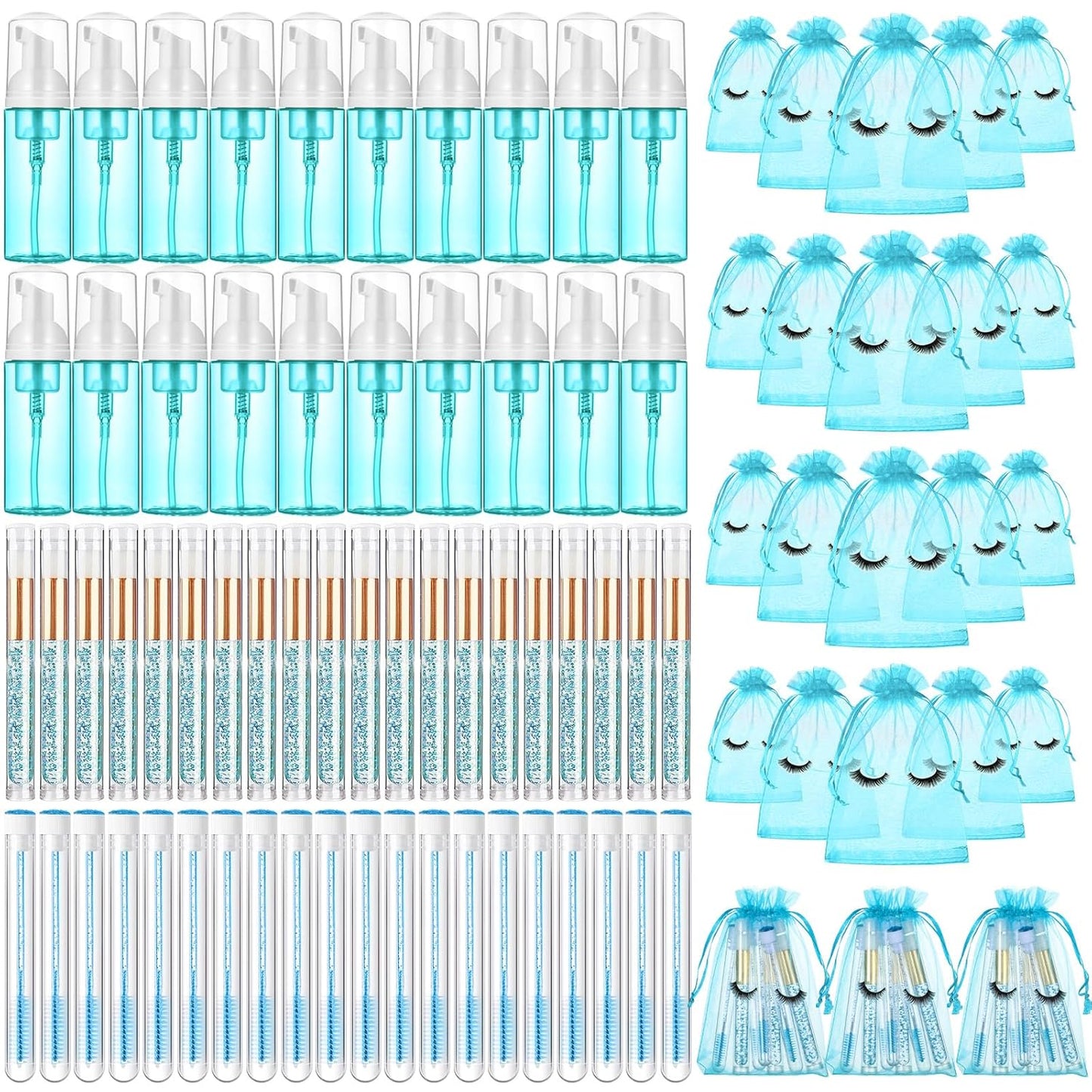 Zhehao 80 Pcs Lash Shampoo Bottle Brushes Kit 20 Foam Pump Dispensers 20 Lash Shampoo Brushes 20 Eyelash Aftercare Bag 20 Cleaning Pipes, Eyelash Extension Supplies(Blue)