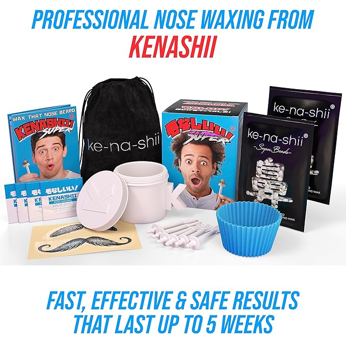 Kenashii Super Nose Waxing Kit | 100g Wax, 24 Applicators | No Microwave Required | Ear Hair Removal | For Men and Women | 12 Balm Wipes, Mustache Guards, Storage Bag