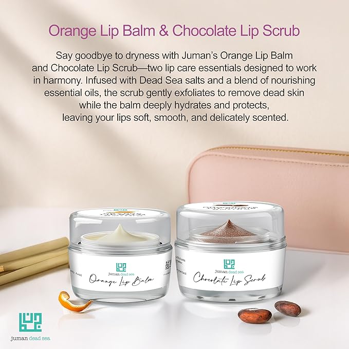 Juman Dead Sea Minerals Lip Care Set | Hydrating Lip Balm & Scrub | Orange & Chocolate | For Chapped & Dry Lips | Dorm Essentials | Vegan | SLS & Paraben-Free | Great as a Gift
