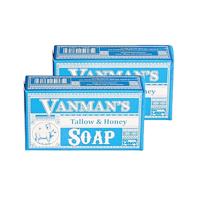 VanMan Beef Tallow and Honey Bar Soap – Pure Grass-Fed Beef Tallow for Skin with Raw Honey & Distilled Water, Unscented Soap, Hydrating & Nourishing, Clean Ingredients, 3.8oz - 2 Pack