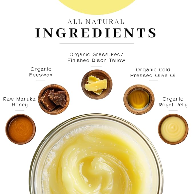 Vanman’s Tallow and Honey Balm - Grass-Fed/Finished Bison Tallow, Raw Manuka Honey, Organic Royal Jelly, Beeswax, Cold Pressed Olive Oil - Unscented Tallow Skin Care for Dry Skin - 2.4 oz