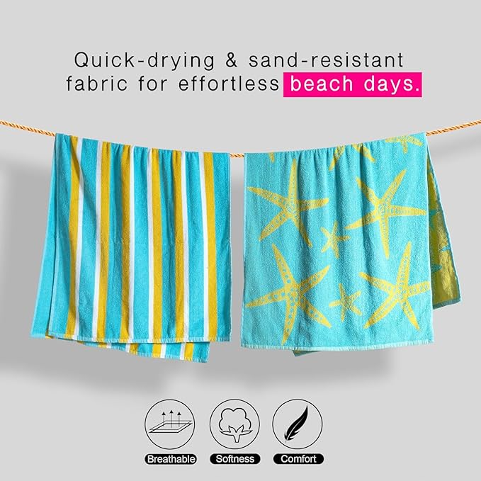 CASA COPENHAGEN Miami Bath Sheets Designed in Denmark Rough and Tough, Quick Dry, for Pool, Bath & Shower 35"x70", 2 Pieces Cotton Beach Towels Set - Star Fish Teal + Yellow Stripe