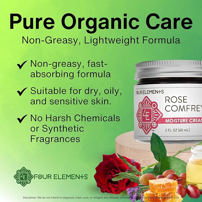 Four Elements 4E Rose Comfrey Moisture Cream, a Natural Non-Greasy Organic Cream that help Soothe and Calm your Skin, 2 OZ