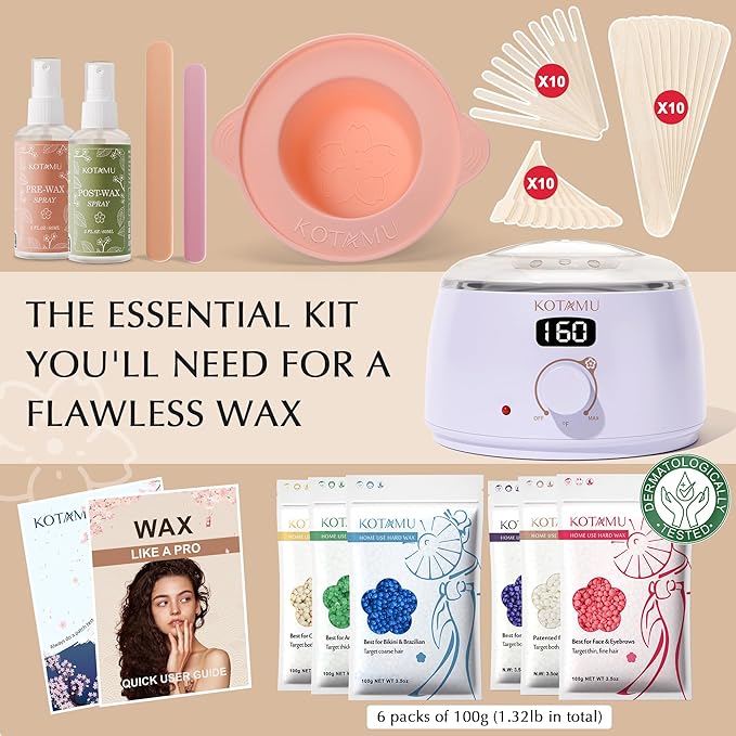 KOTAMU Waxing Kit for Women & Men, Wax Warmer for Hair Removal, Digital Wax Kit with SiliconePot，Ideal for Face Eyebrow Arm Legs Armpit &Sensitive Skin, Purple Waxing Machine With 44 Accessories