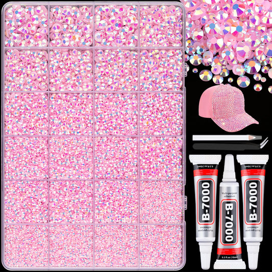 25000Pcs Resin Rhinestones with B7000 Jewelry Glue for Crafting, Light Pink AB 2-6mm Non Hotfix Flatback Gems, Bedazzling Crystal for DIY Crafts Clothing Tumblers Mugs Shoes Fabric Decor Nail Art
