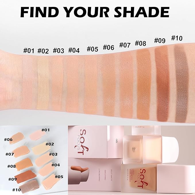Soft Focus Deep Liquid Concealer Foundation, Hydrating High Coverage Liquid Foundation, Waterproof Long Lasting 24h Full Coverage Matte Finish, Lightweight Liquid Concealer for Women, 08