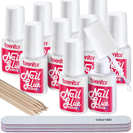 Teenitor Pink Nail Glue, 10 Pack Brush On, Strong for Press Ons & Acrylic Nails, Water Resistant, Fast Drying, No Lamp Needed