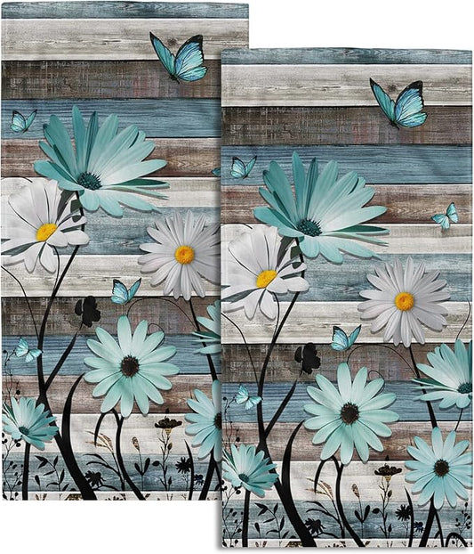 Giwawa Daisy Floral Hand Towels Rustic Wood Face Tea Towels Set of 2 Absorbent Soft Microfiber Dish Wash Cloth for Kitchen Bathroom Gym Decoration