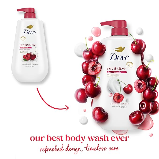 Dove Body Wash with Pump Revitalizante Cherry & Chia Milk, for Renewed, Healthy Looking Skin, Moisturizing Gentle Skin Cleanser with 24hr Renewing MicroMoisture, 30.6 oz