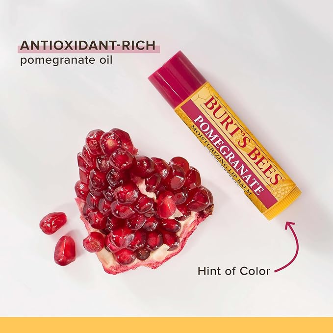 Burt's Bees Lip Balm - Pomegranate, Lip Moisturizer With Responsibly Sourced Beeswax, Tint-Free, Natural Origin Conditioning Lip Treatment, 4 Tubes, 0.15 oz.