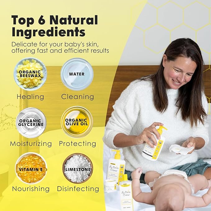 La Petite Creme Premium French Diapering Gift Set: Includes Organic Diapering Lotion (8 oz), Travel-size Liniment Baby Lotion (2 oz), 1 Travel-size Diaper Balm (1 oz), 50 Disposable Cotton Pads