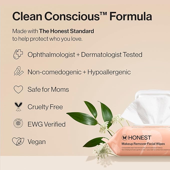 Honest Beauty Fragrance Free Cleansing Makeup Remover Facial Wipes | Plant Based, Hypoallergenic, Gentle for Sensitive Skin | 30 Count