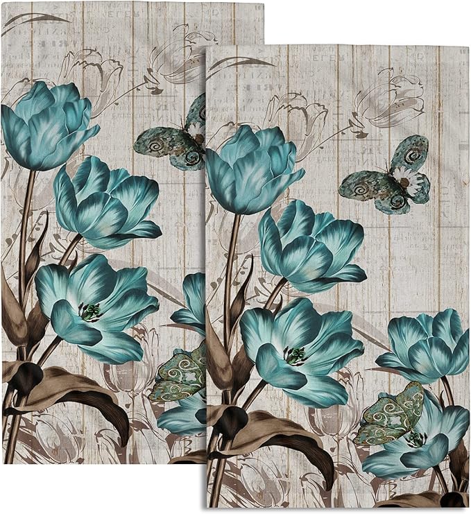 Giwawa Teal Tulip Hand Towels Set of 2 Spring Floral Soft Absorbent Decorative Bath Towel Kitchen Dish Guest Towel for Home Spa Yoga Sport