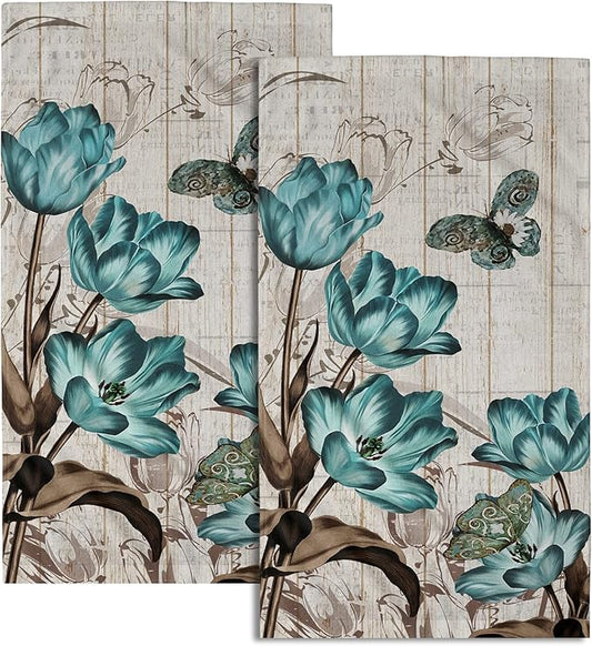 Giwawa Teal Tulip Hand Towels Set of 2 Spring Floral Soft Absorbent Decorative Bath Towel Kitchen Dish Guest Towel for Home Spa Yoga Sport