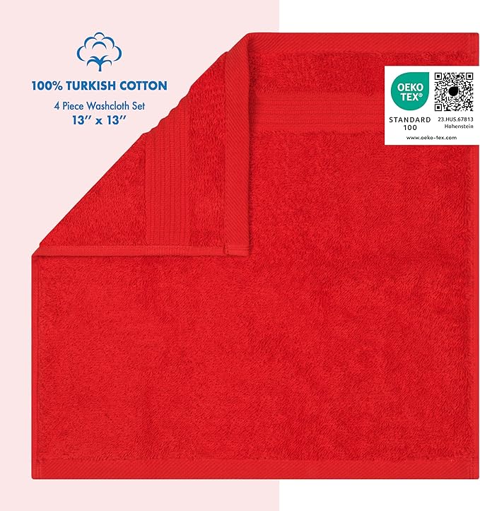 Cotton Paradise 100% Cotton Turkish Washcloth Set for Bathroom, 4 Piece Soft Absorbent Small Hand Face Towels Wash Rags, Red