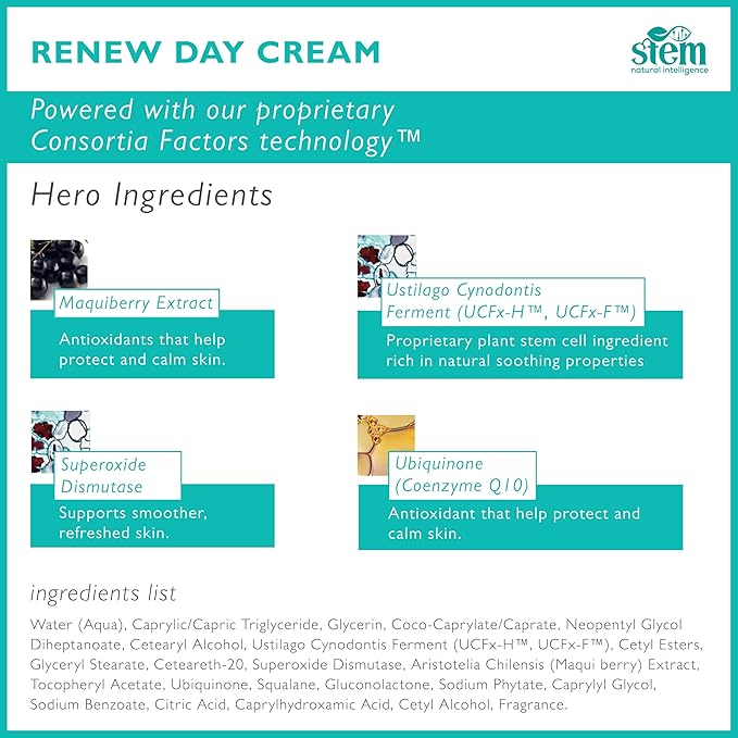 STEM Natural Intelligence ReNew Cream, Daily Face Moisturizer Cream, Luxury Facial Moisturizer for Women and Men, Premium Facial Skin Care Products with Antioxidants, Neck and Face Cream, 1 oz