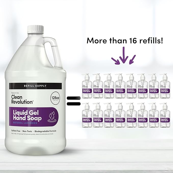 Clean Revolution Liquid Gel Hand Soap, Silky Rich Liquid, Quick Lather, Fast Rinsing, Contains Real Essential Oils (Natural Lavender) 128 Fl Oz