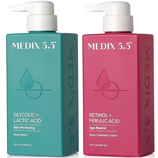 MEDIX 5.5 Exfoliating AHA Glycolic Acid Face & Body Scrub Cleanser + Retinol Moisturizing Body Cream Lotion Skin Care 2PC Set | Alpha Hydroxy Acid & Lactic Acid Foaming Body Wash & Face Wash, 2-PC