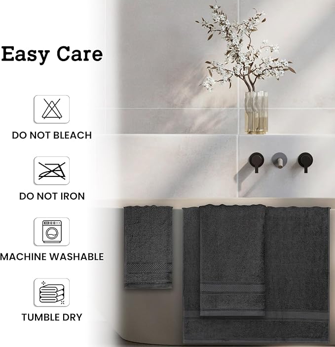 Casa Lino 100% Cotton Bath Towels Set of 4 (1 Bath Towel, 1 Hand Towel & 2 Wash Cloths) - Bathroom Towels and Washcloths Set - Complete Bathroom Set - Guest Room Essentials - (Charcoal Black)
