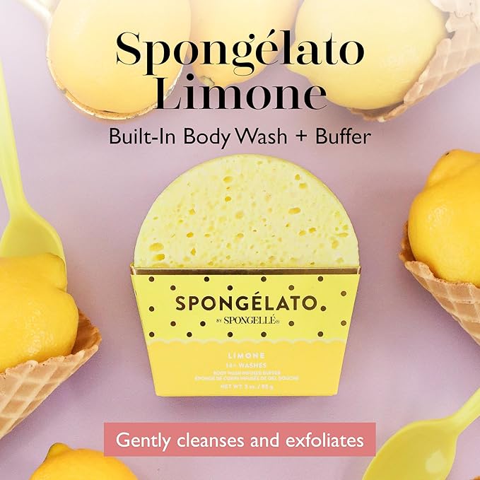 Spongelato Loofah Exfoliating Body Scrubber by Spongelle | Infused with Body Wash | Bath & Shower Loofah for Women | 14+ uses | Limone (Lemon) Gelato Inspired