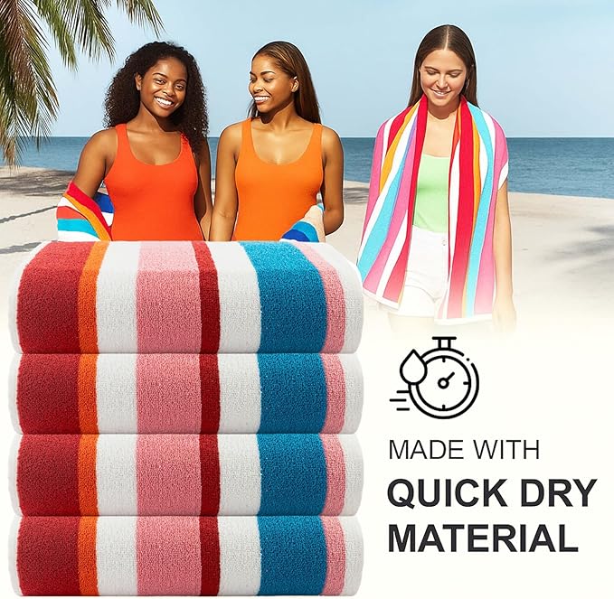 CASA COPENHAGEN Bora Bora Beach Towels Designed in Denmark Rough and Tough, Quick Dry, for Pool, Bath & Shower 30x60 inches 4 Pieces Cotton Beach Bath Towels Set - Pink