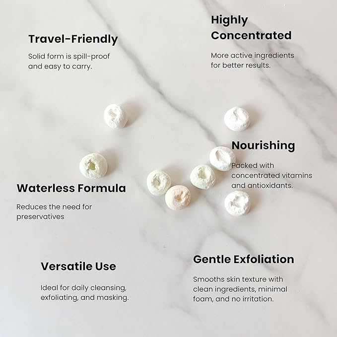 3-in-1 Solid Facial Cleanser, Exfoliator, and Wash-off Mask - Vegan, Cruelty-Free, Plastic-Free, Travel-Friendly, 1 Month Supply (60 Crushable Tablets) in Tin (Calming Beans in Tin)