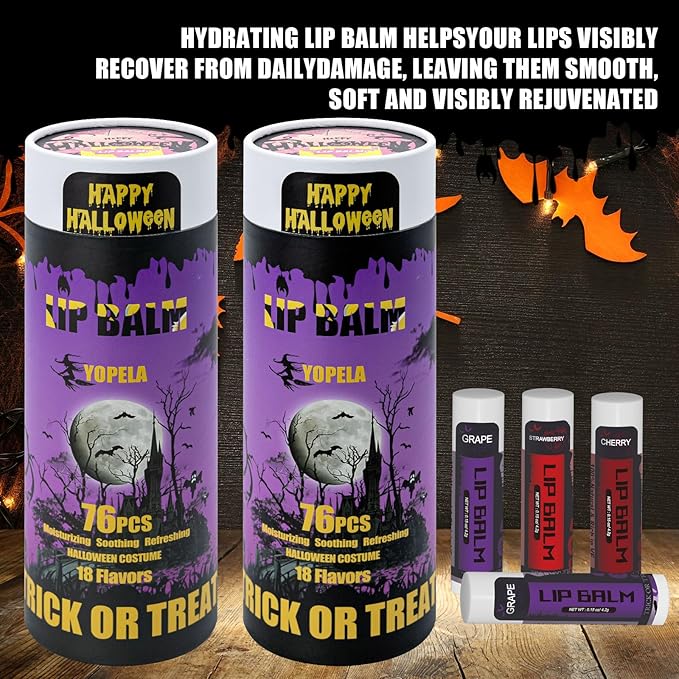 Yopela 76 Packs Halloween Lip Balm,18 Flavors Natural Chap Stick in Bulk, Moisturizing Stocking Dry Lips, Men Women Kids Party Gifts, Lip Care Product with Gift Card