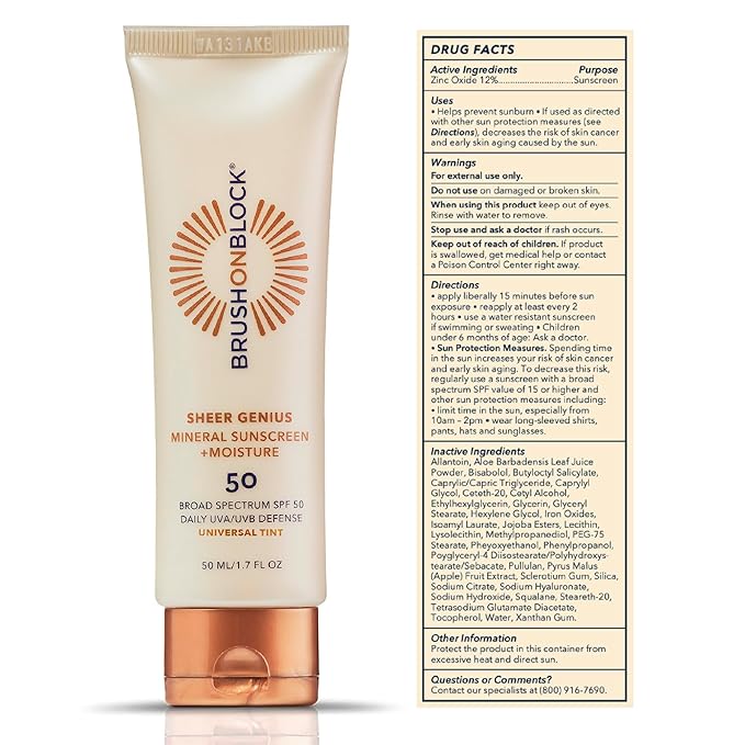 Brush On Block Tinted Mineral Sunscreen Moisturizer SPF 50 | Tinted Face Moisturizer with Sunscreen Broad Spectrum | Hydrating Hyaluronic Acid, Zinc Oxide Protection, 1.7oz, PA ++++, Made in USA