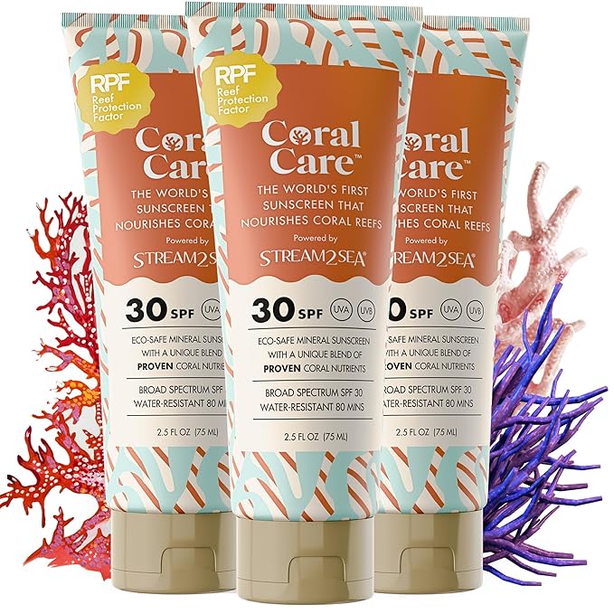 Stream2Sea Coral Care - Reef Safer Sunscreen SPF 30 Travel Size - First Reef-Approved Natural Mineral Sun block Boosts Coral Growth Water resistant- Non-Toxic, Biodegradable, Eco-Friendly - 3 Pack