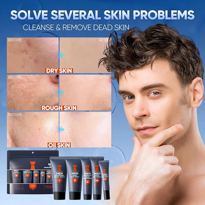 Mens Skincare Set, Valentines Day Gifts for Him, 5Pcs Mens Facial Care Kit - Facial Cleanser, Facial Scrub, Day Cream, Eye Cream and Overnight Moisturizer, Travel Size Mens Skincare Gift Set