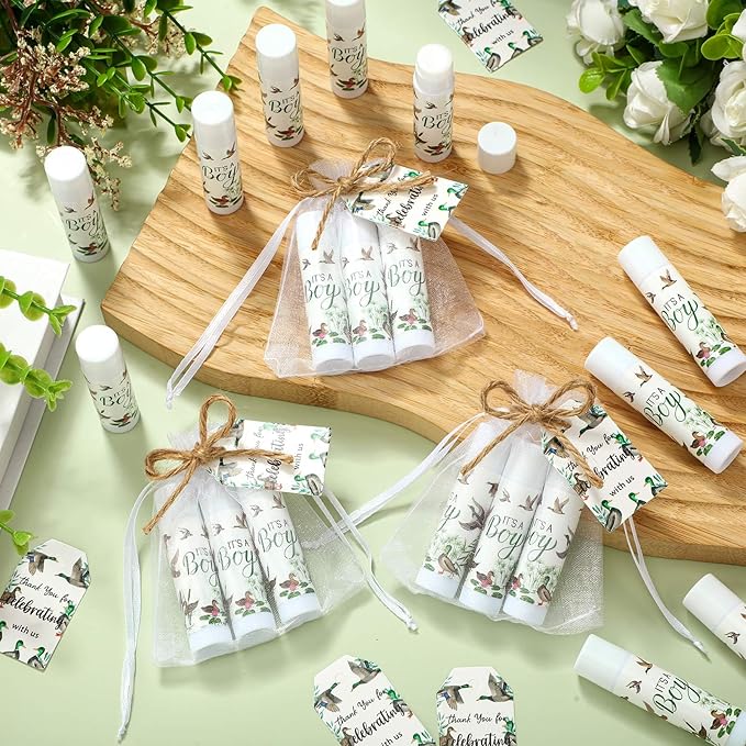 Demissle 50 Pcs Baby Shower Lip Balm Gift Set with 100 Pcs Organza Bags Baby Shower Party Favor for Guest Thank You Tag Rope Baby Shower Party Decoration Gender Reveal Souvenirs (Mallard)