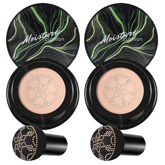 2PCS Mushroom Head Air Cushion CC Cream BB Cream Foundation,Moisturizing Concealer Makeup Base Foundation,Long Lasting Full Coverage Foundation with Mushroom Makeup Sponge(Natural)